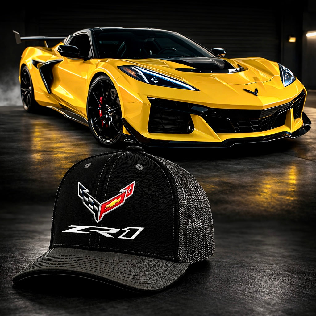 Black and graphite ZR1 Corvette Flexfit Trucker Hat by Team Lingenfelter, featuring embroidered Corvette logo and adjustable snapback.