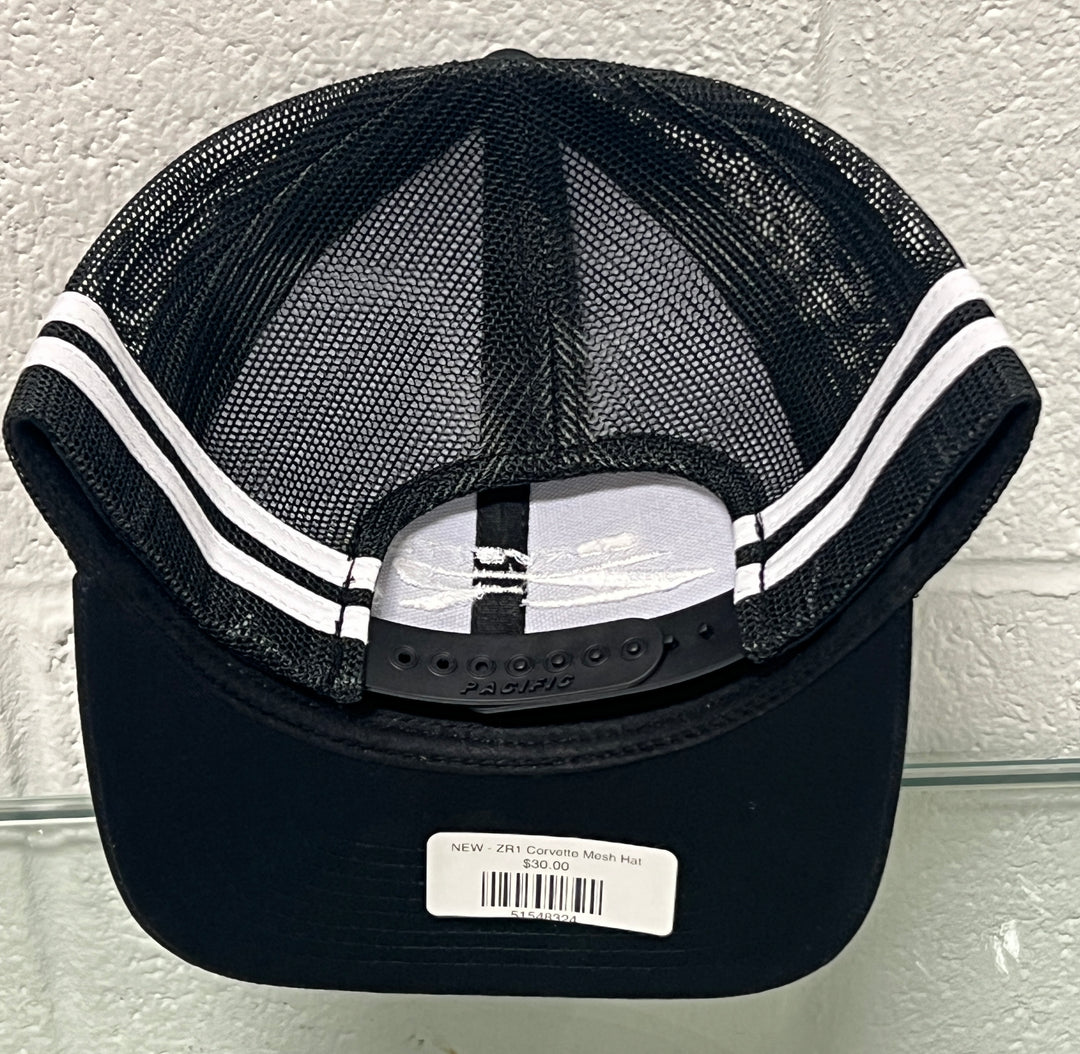 Black and white ZR1 Corvette mesh hat by Lingenfelter Race Gear, showing the back view with embroidered Corvette logo.