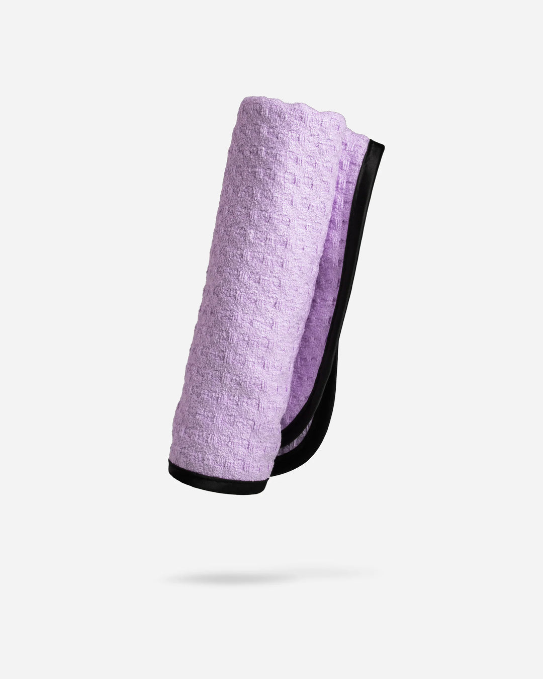 Purple textured towel with black border on a light gray background