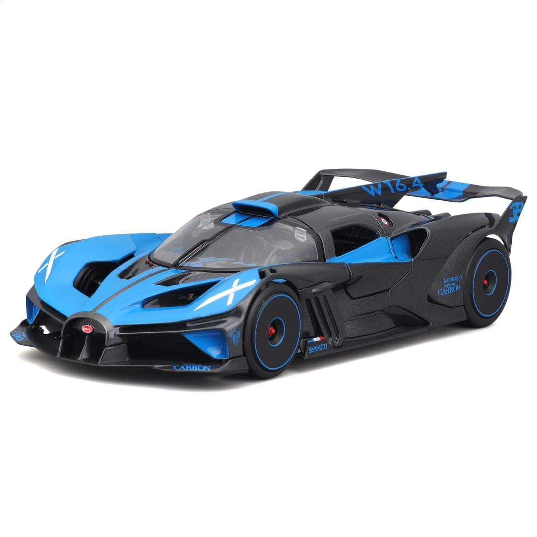 Blue and black sports car model on a white background