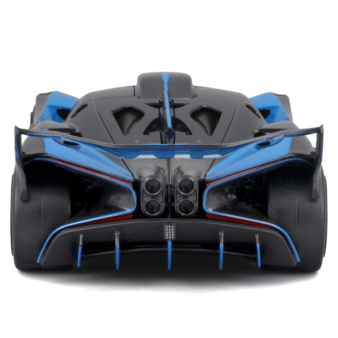 Back view of a futuristic car with blue accents on a white background