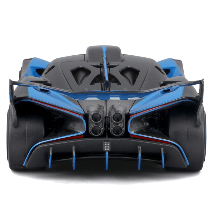 Back view of a futuristic car with blue accents on a white background