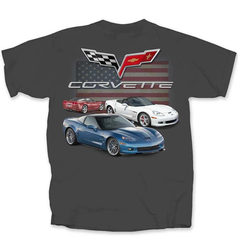 Men's charcoal C6 Chevy Corvette flag T-shirt by Team Lingenfelter, featuring Corvette emblem and flag design on front.