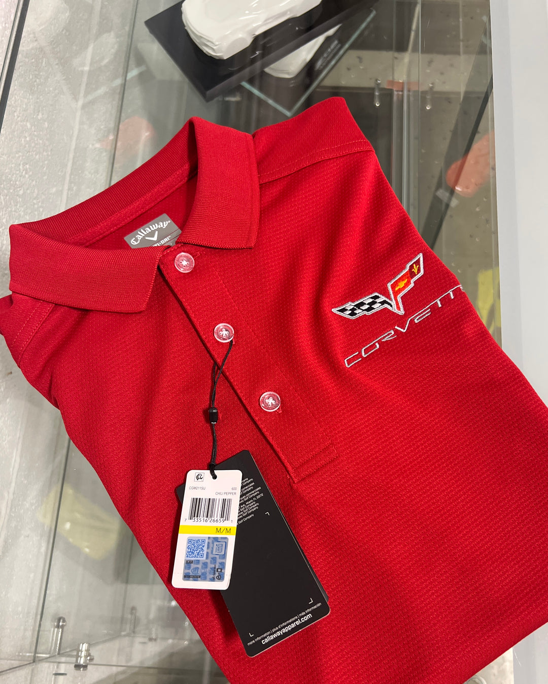 Men's Chili Pepper Red Polo Shirt by Team Lingenfelter, C6 Corvette-themed men's casual shirt, front view showing collar and logo.