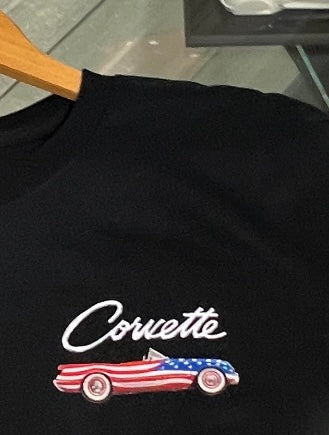 Black C7 Corvette Flag T-Shirt for men by Team Lingenfelter, featuring a sleek Corvette flag graphic on the front.