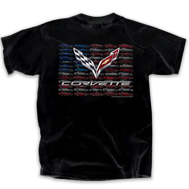Black men's T-shirt featuring C7 Corvette flag graphic, made by Team Lingenfelter, casual automotive-themed clothing.