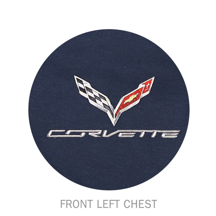 Front view of a men's C7 Corvette Grandsport Flag T-Shirt by Team Lingenfelter, featuring a bold Corvette flag graphic.