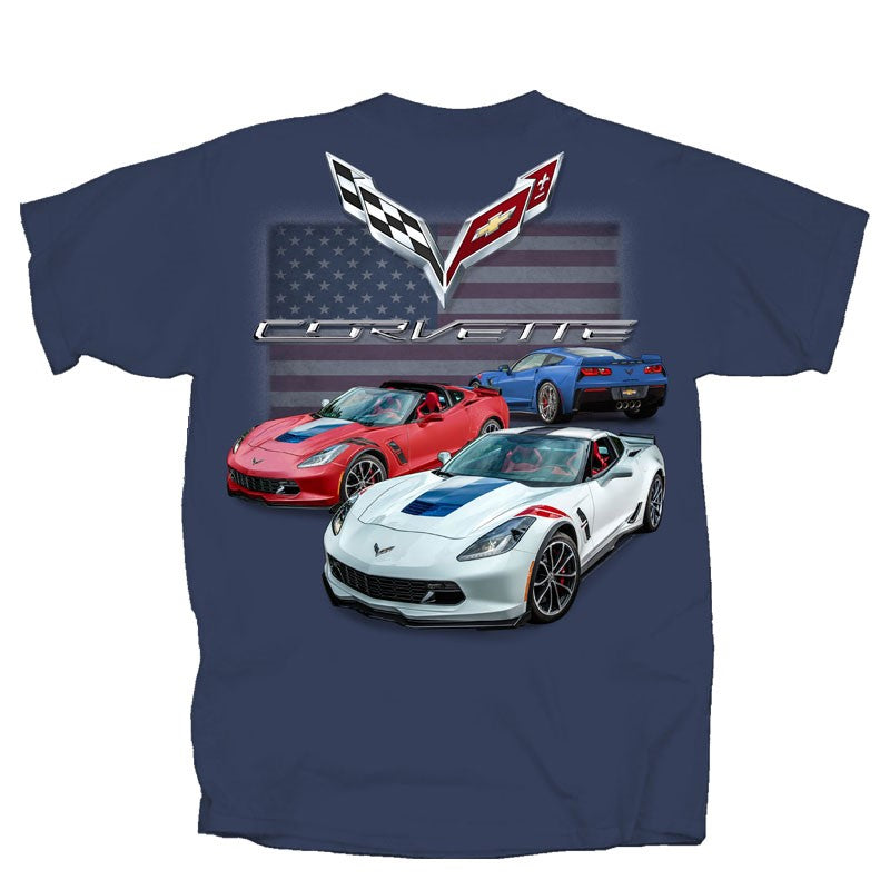 Men's C7 Corvette Grandsport flag T-shirt by Team Lingenfelter, featuring a bold Corvette logo and flag design.