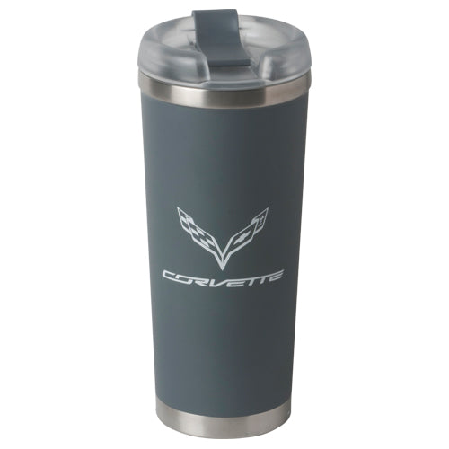 Matte gray 24 oz stainless steel C7 Corvette tumbler with straw, branded by Team Lingenfelter, designed for drinking on the go.