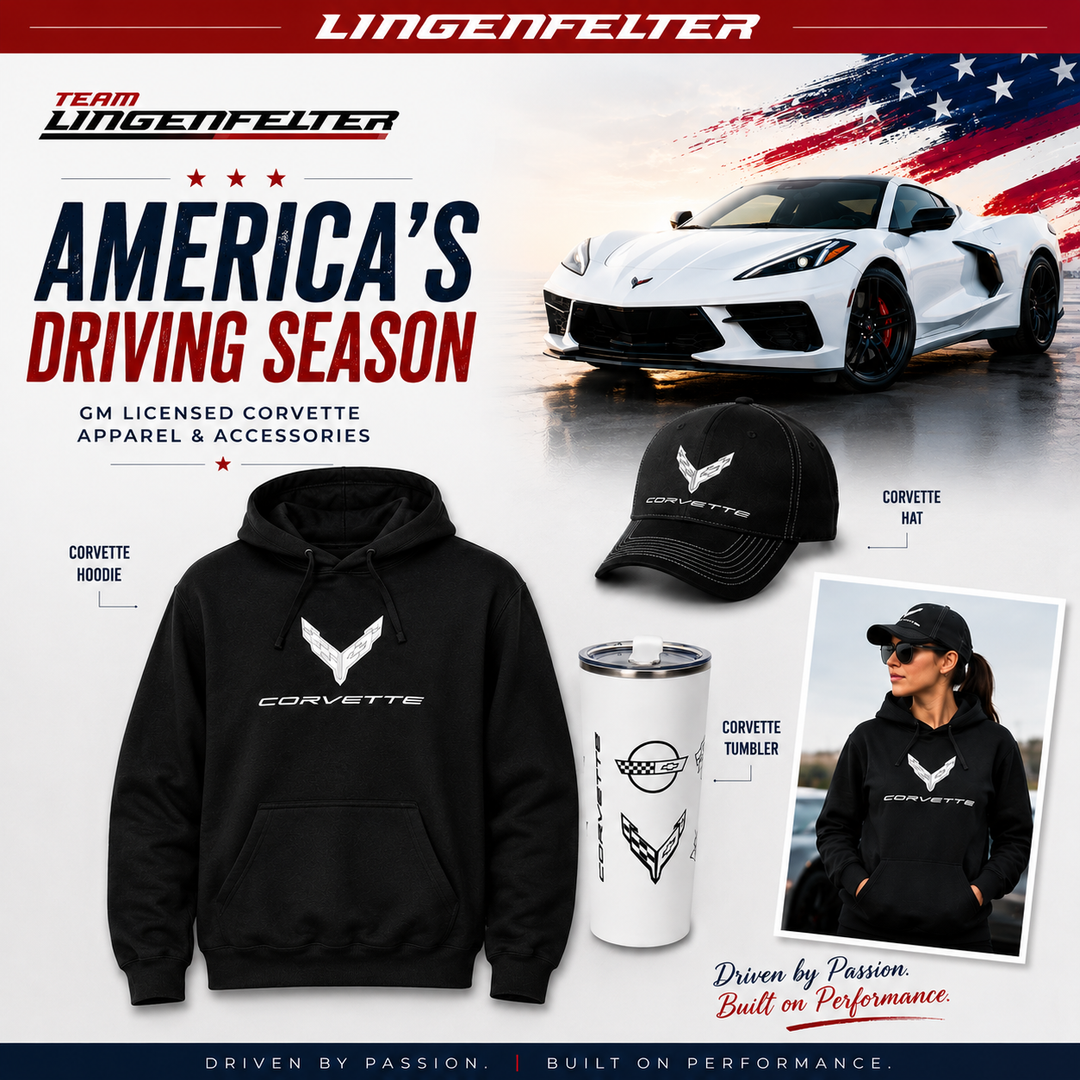Lingenfelter Corvette merchandise including hoodie, hat, tumbler, and photo of a person wearing a hoodie with a Corvette logo.