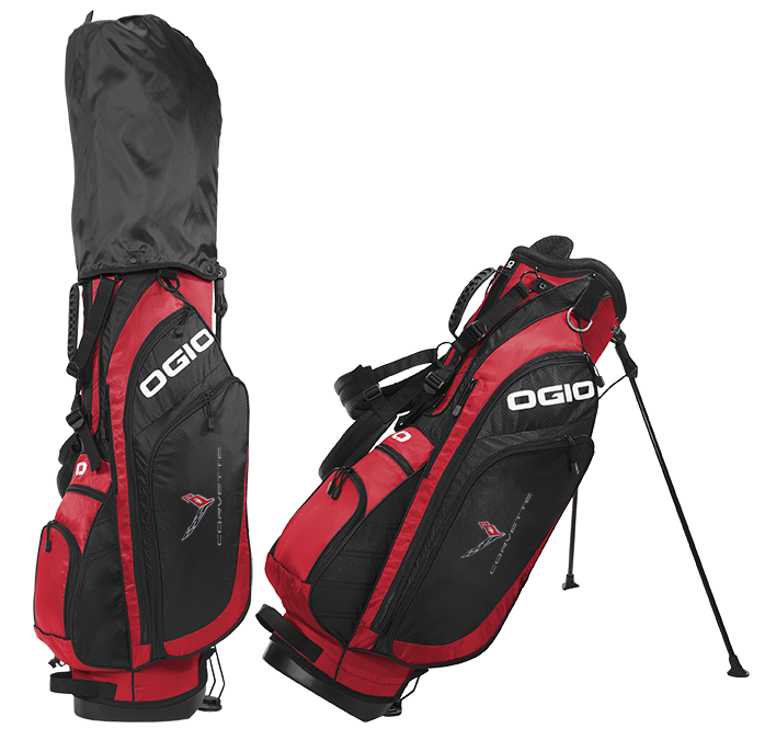 Red C8 Corvette-themed golf bag by Team Lingenfelter with multiple pockets and stand, designed for golf accessories and clubs.
