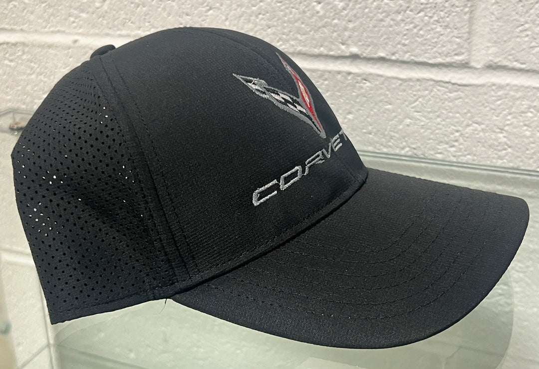 Black perforated C8 Corvette performance hat by Lingenfelter Race Gear with embroidered logo and curved brim.