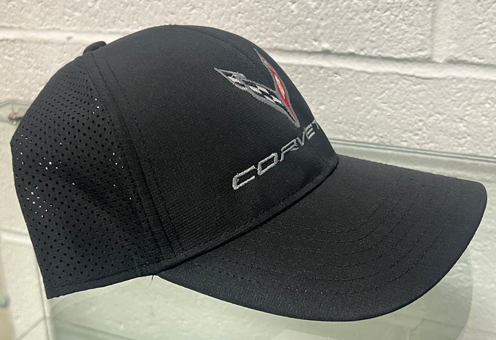 Black perforated C8 Corvette performance hat by Lingenfelter Race Gear with embroidered logo and curved brim.