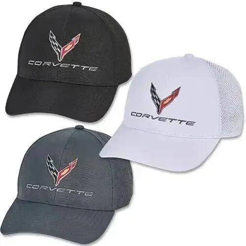 Lingenfelter Race Gear C8 Corvette perforated performance cap, black hat with embroidered logo, breathable and sporty design.