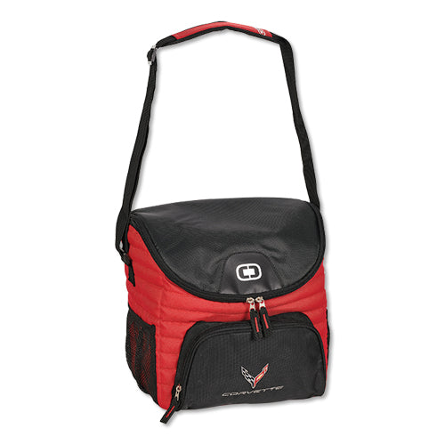 Red C8 Corvette cooler bag by Team Lingenfelter, insulated cooler with car logo design, perfect for keeping drinks cold.