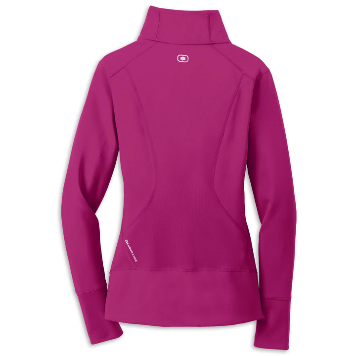 Back view of pink OGIO full-zip fleece jacket for ladies by Team Lingenfelter, featuring C8 Corvette logo and comfortable fleece material.