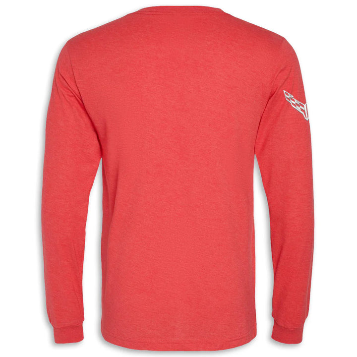 Red Men's C8 Corvette long-sleeve shirt with a small logo on the sleeve back view