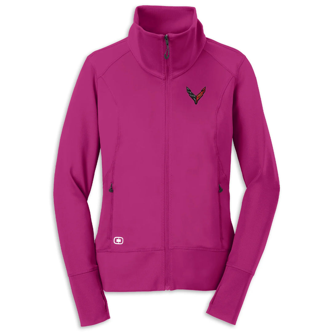Pink full-zip fleece jacket for ladies by Team Lingenfelter featuring C8 Corvette logo, soft and comfortable women's outerwear.