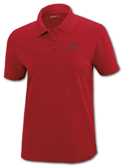 Ladies red C8 Corvette Next-Gen polo shirt by Team Lingenfelter, featuring a performance fit and Corvette logo detail.