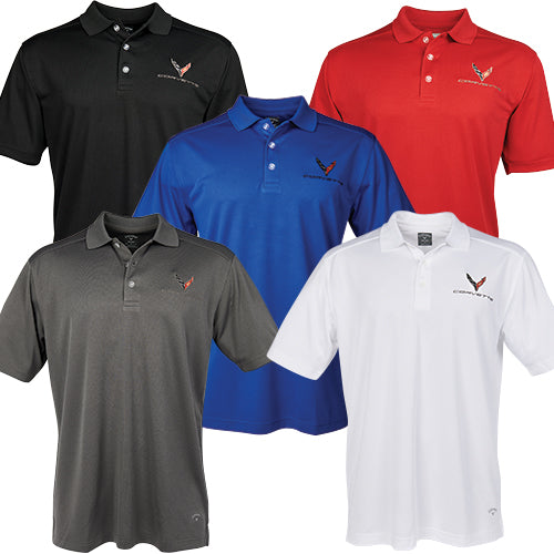 Men’s white C8 Orvette polo shirt by Team Lingenfelter, featuring a classic fit and breathable fabric for casual wear.