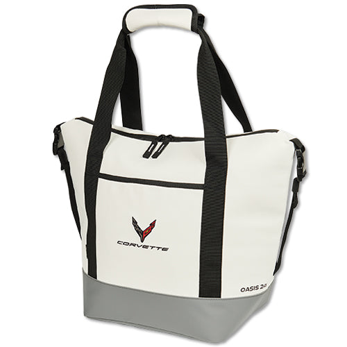 White tote bag with black straps featuring Corvette logo on a white background