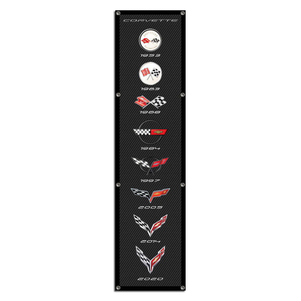 All Generations Corvette Vinyl Banner featuring C1 through C8 Corvettes – garage wall decor