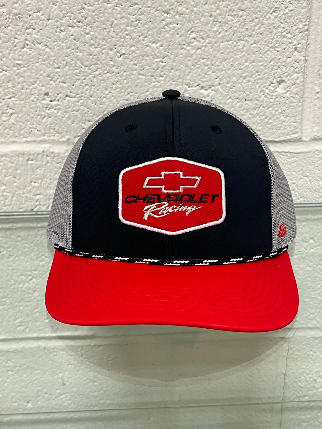 Chevrolet Racing bowtie patch trucker hat with red bill and mesh back