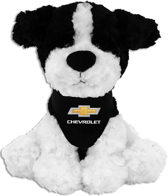 Plush dog toy with a Chevrolet logo on a white background