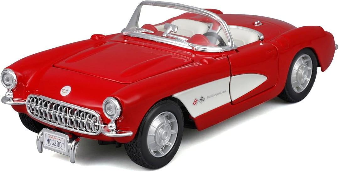 Maisto 1:24 scale diecast model of 1957 Chevrolet Corvette assembly line by Team Lingenfelter, showcasing detailed red Corvette model.