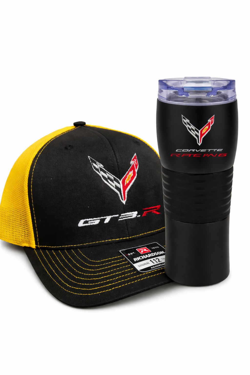 Corvette GT3.R hat and tumbler bundle black yellow Richardson trucker cap Corvette Racing drinkware