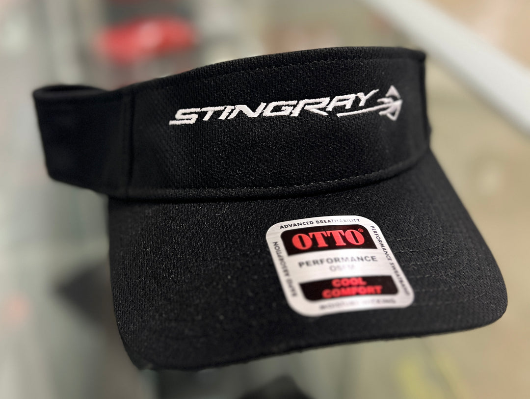 Black Corvette C7 Stingray visor hat for men, stylish accessory featuring the Corvette logo and sporty design.