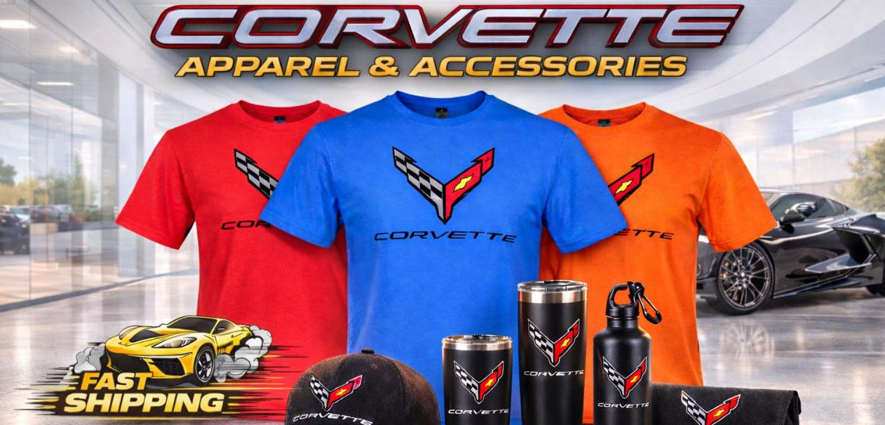 Collection of Corvette apparel and accessories including t-shirts, a cap, and tumblers on a reflective surface.