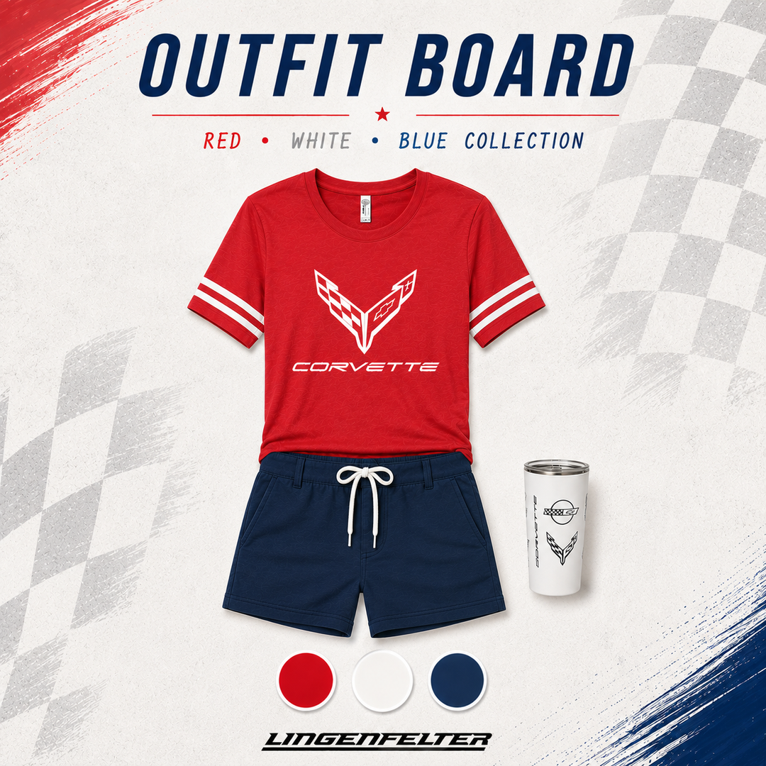Red C8 Corvette ladiest-shirt, navy shorts, and white tumbler on a checkered background with 'Lingenfelter' branding.