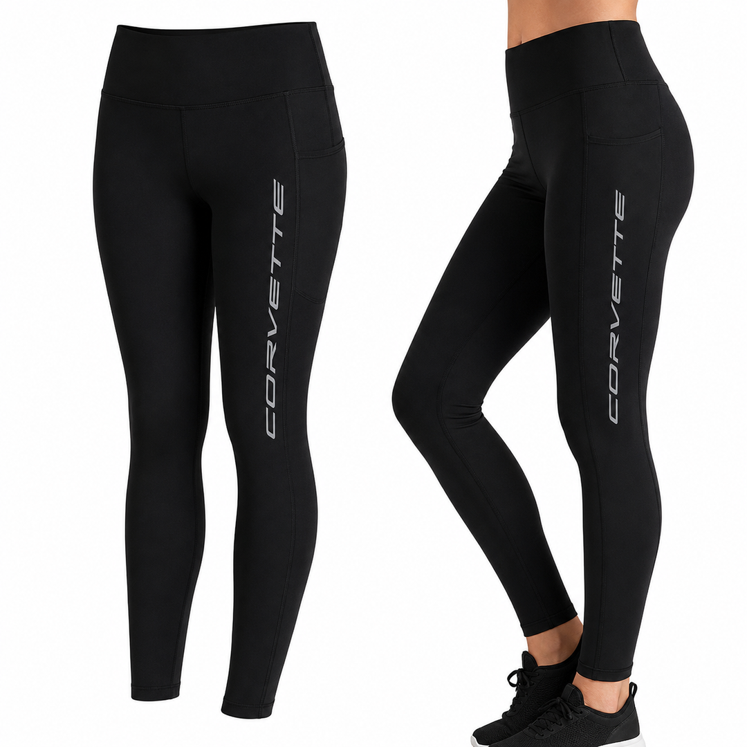 Black leggings with 'Corvette' branding on a white background