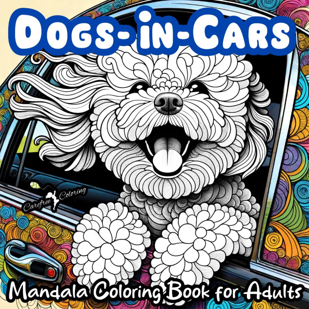 Coloring book cover for 'Dogs in Cars' with a mandala-style dog illustration.