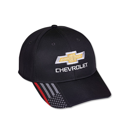 Gold Chevy Bowtie fire service black hat with fire department emblem by Team Lingenfelter, featuring embroidered logo and adjustable strap.