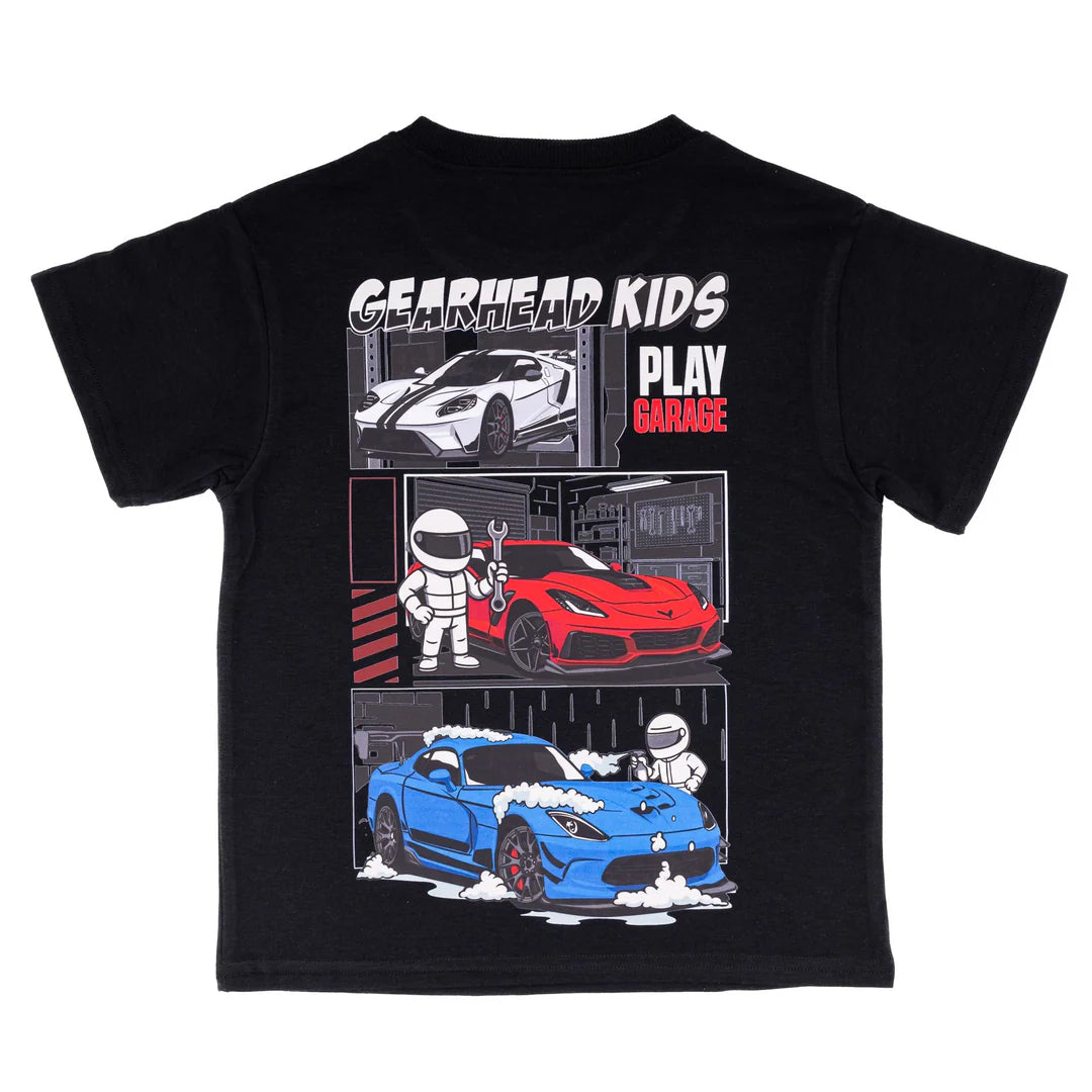 Black t-shirt with car-themed graphics and text on a white background