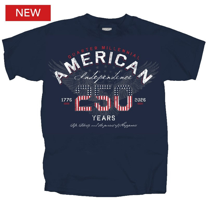 Navy blue t-shirt with 'American Independence 250 Years' text and eagle design on a white background.