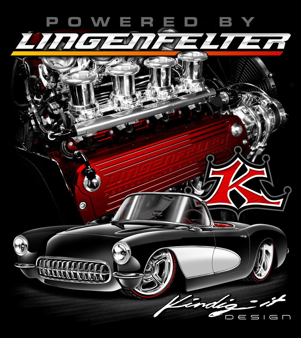 Kindig it Design Car with engine with 'Powered by Lingenfelter' text and logo on a black background