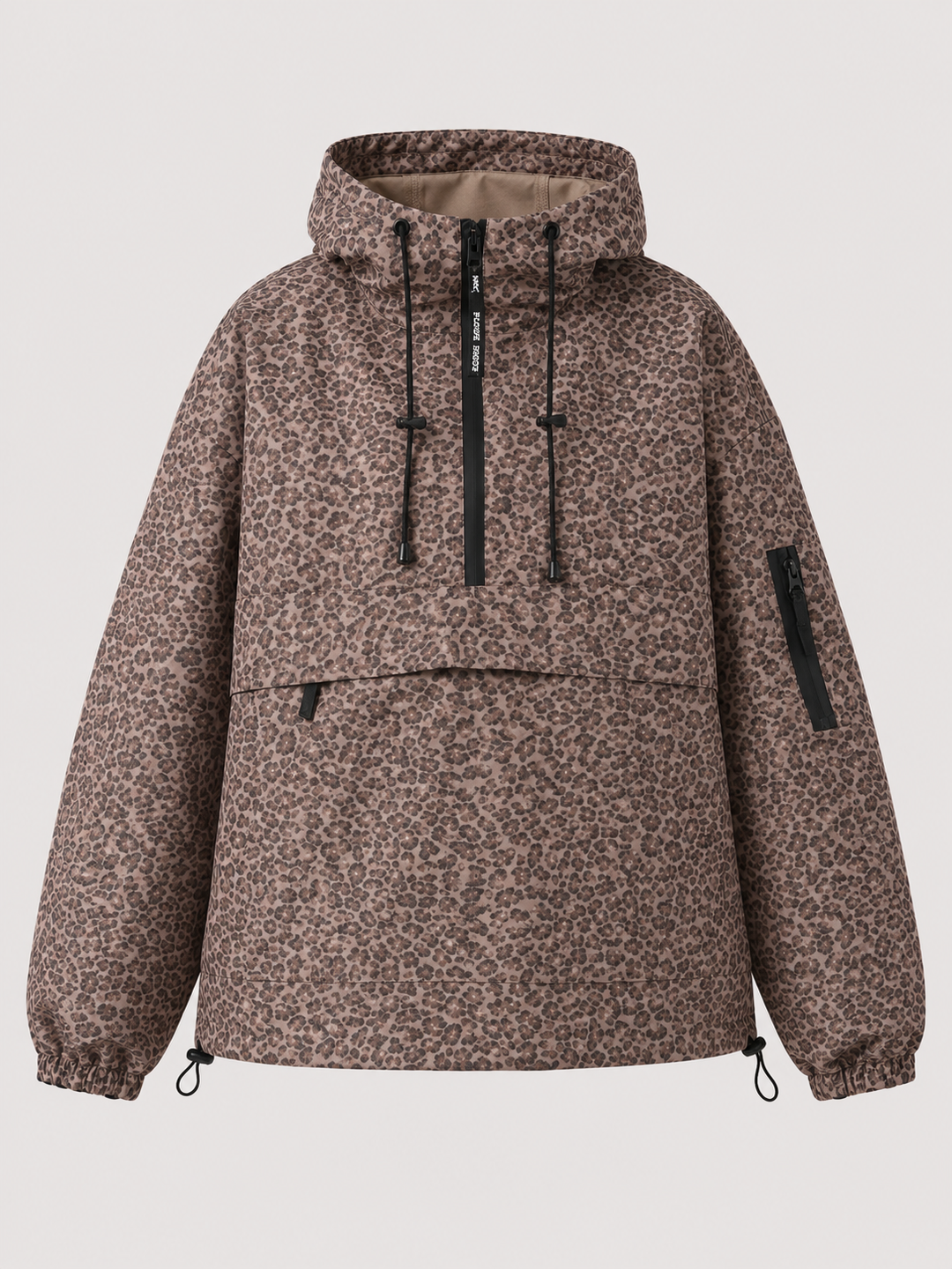 Brown patterned jacket with black accents on a light gray background