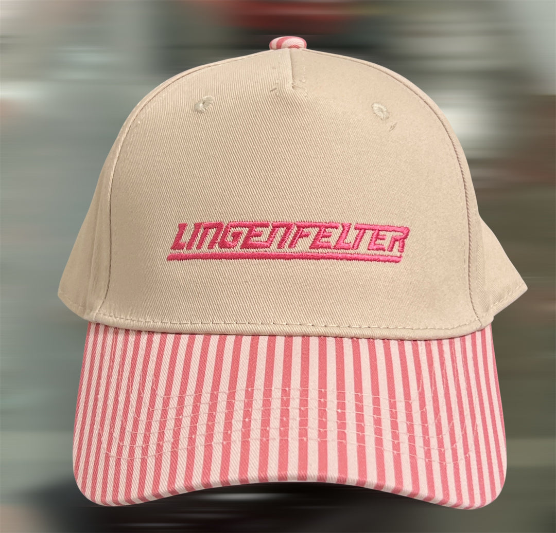 Lingenfelter Ladies pink and tan striped hat, stylish spring 2026 women's hat by Team Lingenfelter, casual outdoor accessory