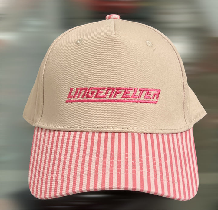 Lingenfelter Ladies pink and tan striped hat, stylish spring 2026 women's hat by Team Lingenfelter, casual outdoor accessory