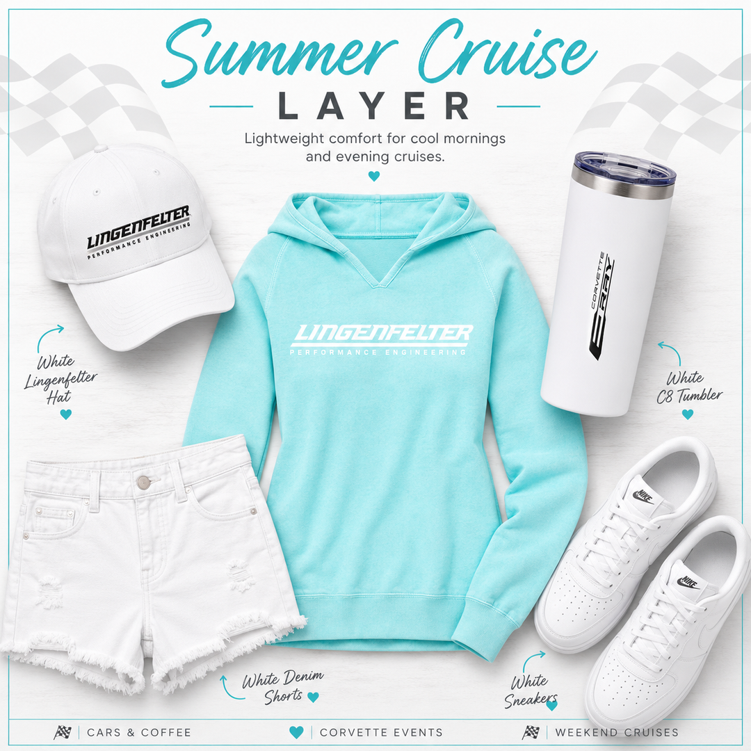 Light blue hoodie, white cap, white sneakers, white denim shorts, and white tumbler on a light gray background with 'Lingenfelter' branding.