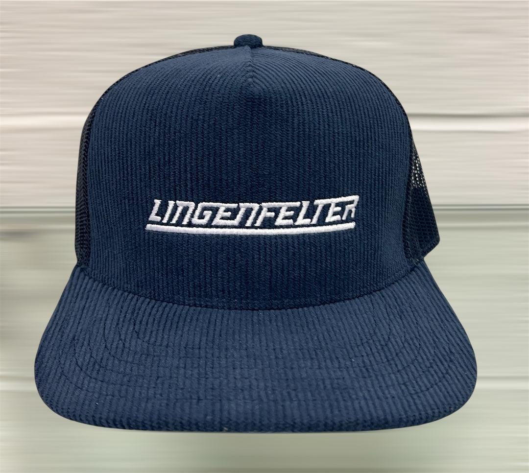 Navy Lingenfelter Corduroy Mesh Back Hat with snapback closure, featuring the Team Lingenfelter logo on front.