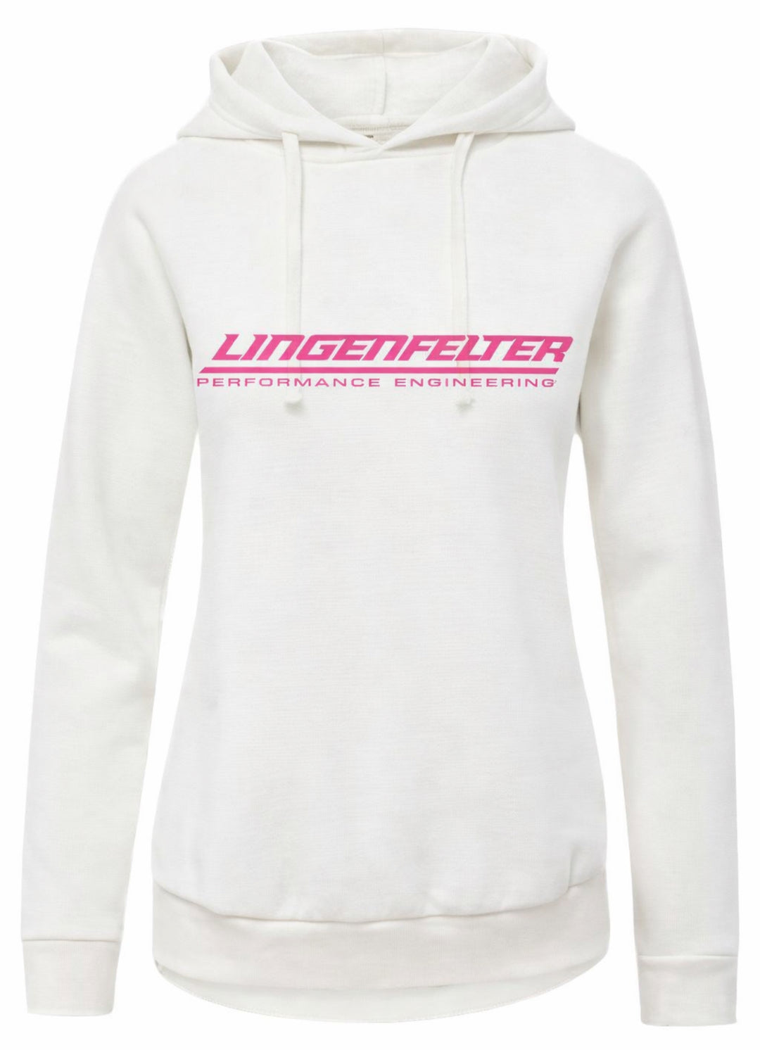 Ivory fleece hoodie with pink logo from Lingenfelter Race Gear, women's activewear hoodie with casual, comfortable style.