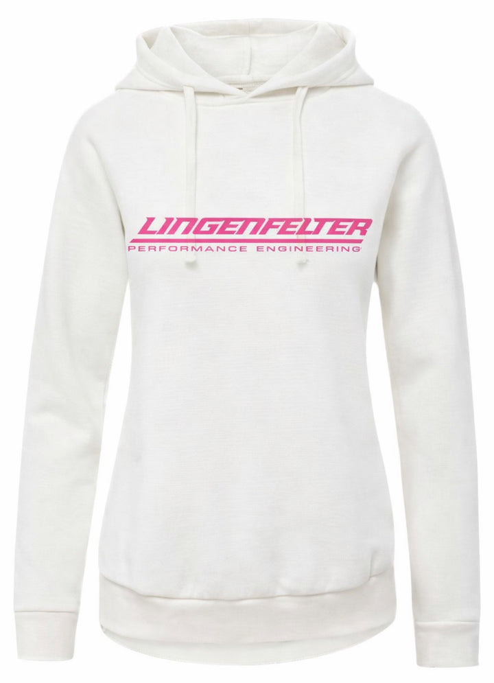 Ivory fleece hoodie with pink logo from Lingenfelter Race Gear, women's activewear hoodie with casual, comfortable style.