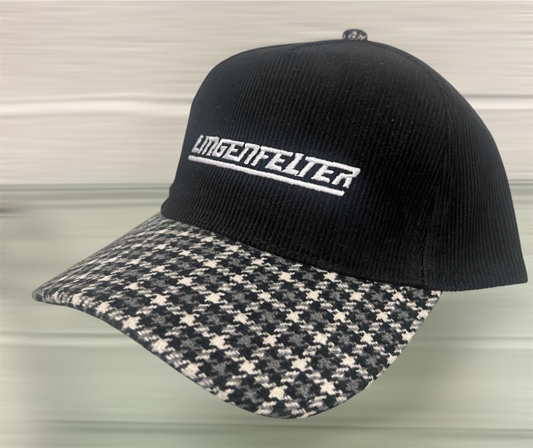 Black cap with houndstooth pattern visor and 'Lingenfelter' logo on a metallic background
