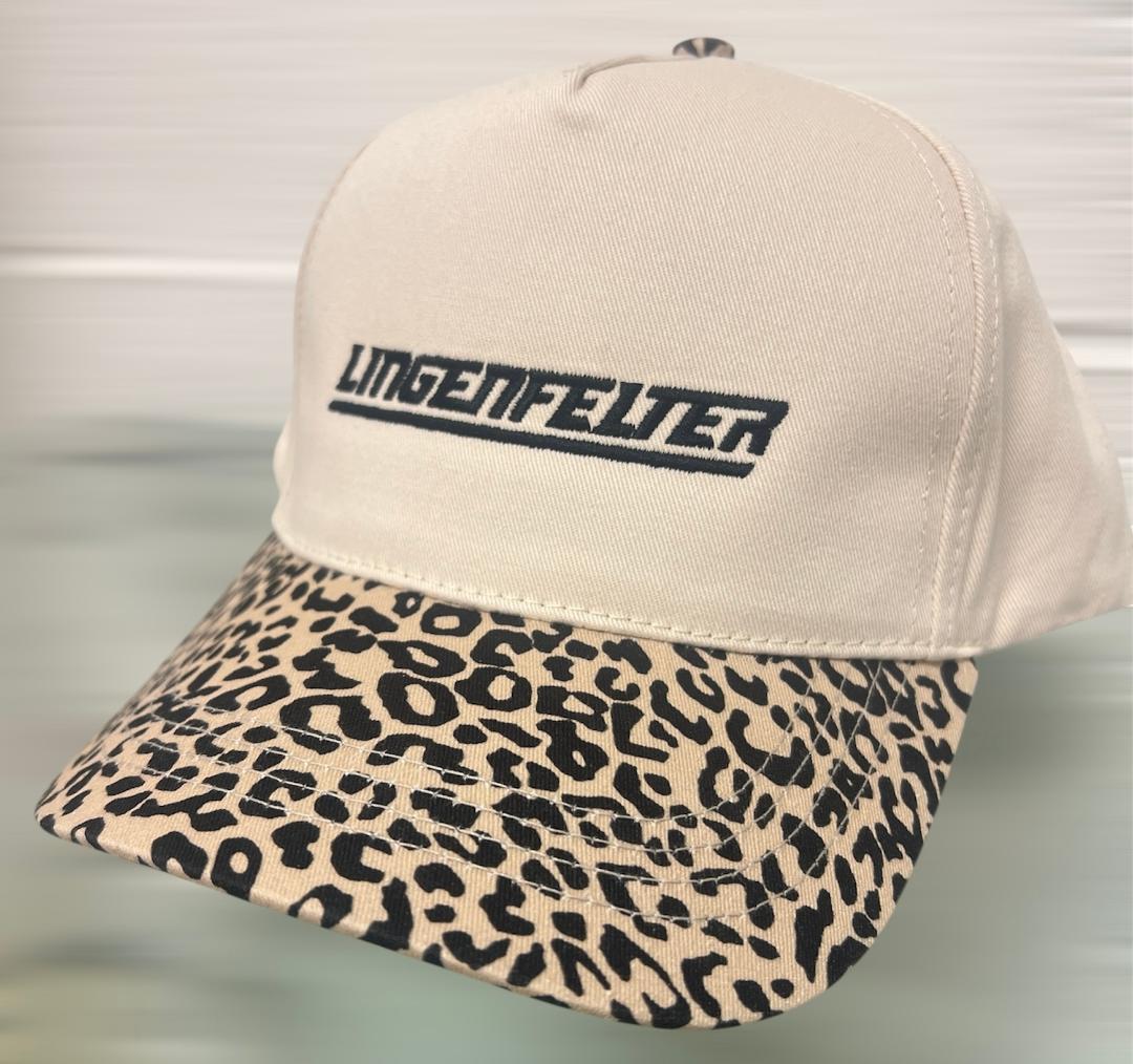 Beige cap with leopard print visor and 'Lingenfelter' logo on a light gray background