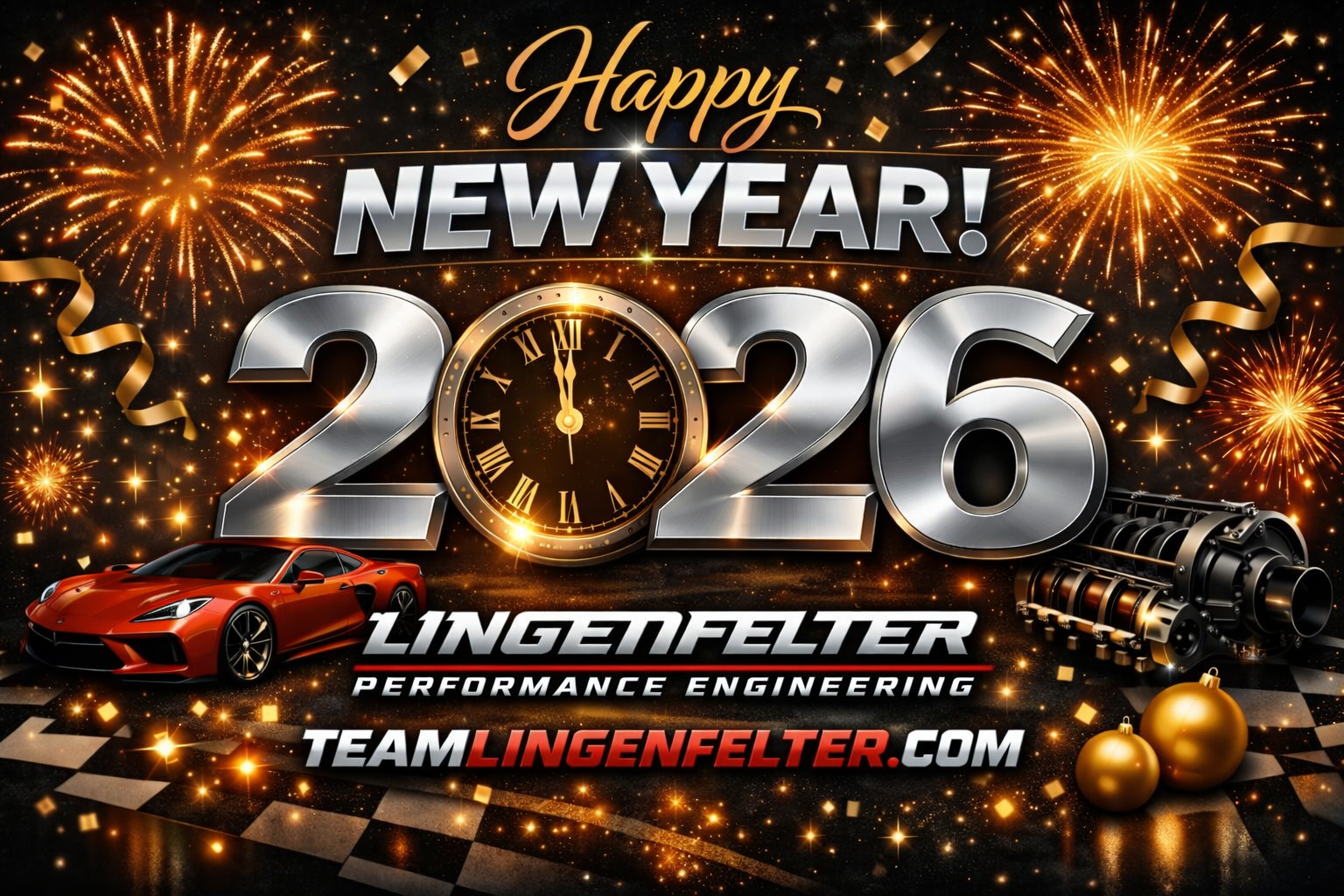 New Year's Eve celebration with fireworks, clock, and sports car, featuring Lingenfelter Performance Engineering branding.