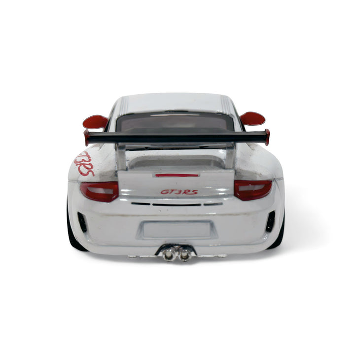 White Porsche 911 GT3 RS diecast model car by Team Lingenfelter, view of the rear showing detailed features.